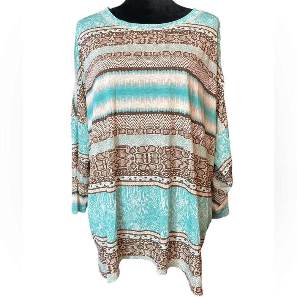 Sharon Young Patterned Teal & Tan Snake Print Long Sleeve Women's Top